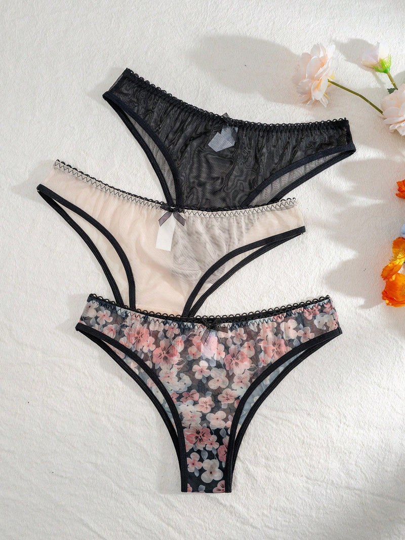 Bragas De Triangulo Con Estampado Floral Para Mujer (3 Piezas/paquete)