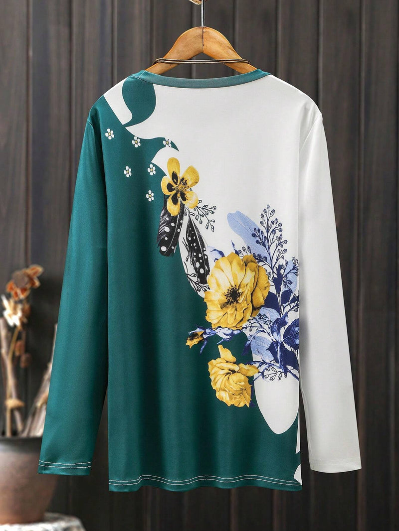 Mulvari Camiseta De Mujer Con Flores Impresas Y Colores Contrastantes