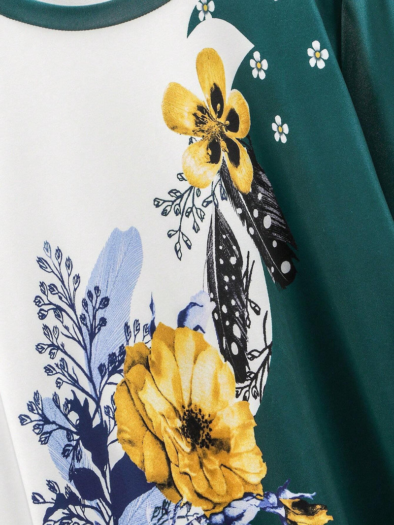 Mulvari Camiseta De Mujer Con Flores Impresas Y Colores Contrastantes