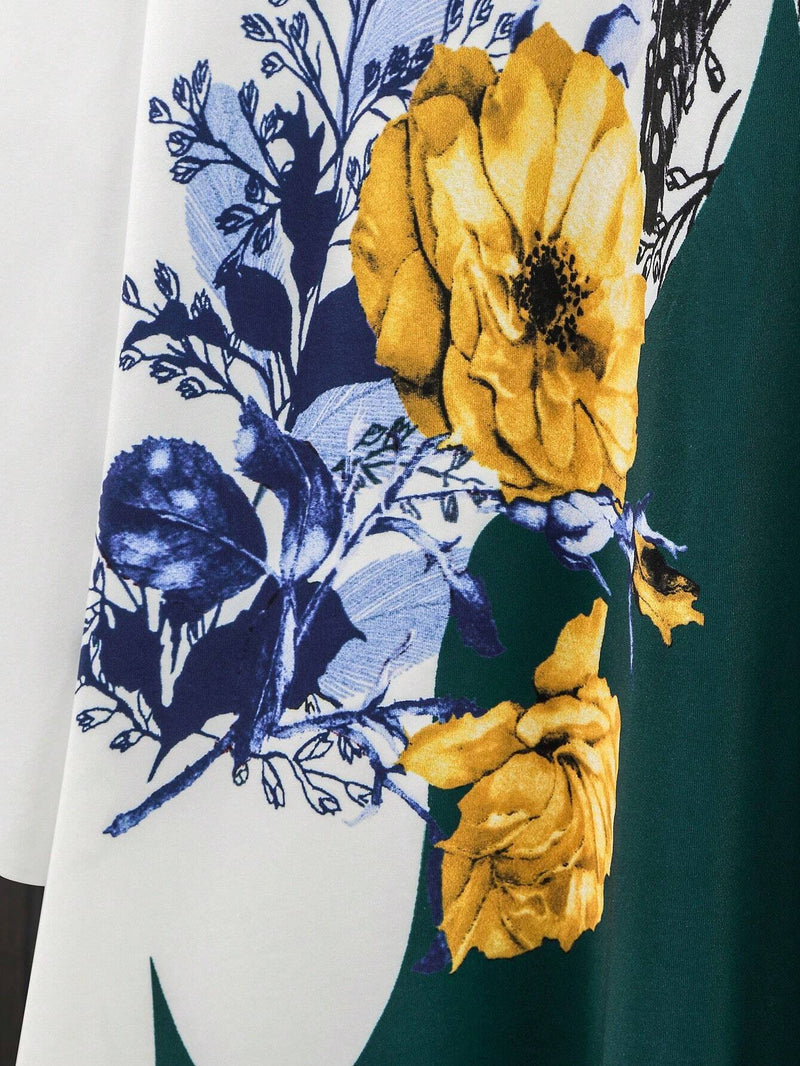 Mulvari Camiseta De Mujer Con Flores Impresas Y Colores Contrastantes