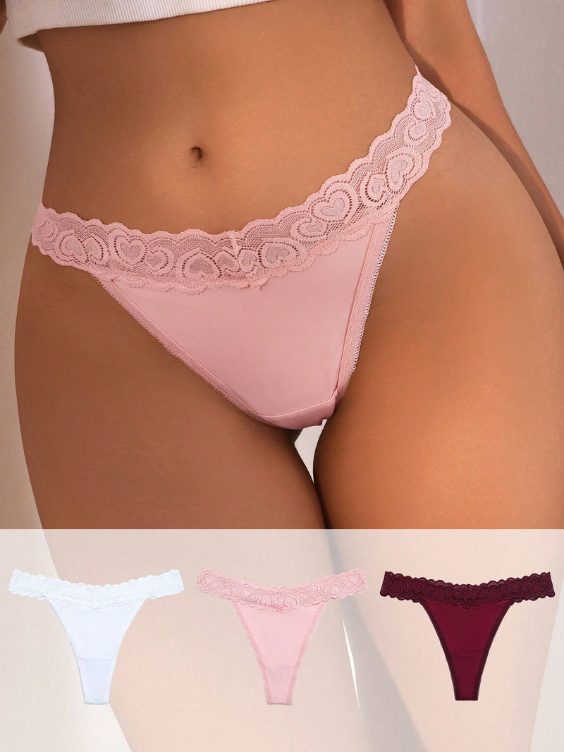 Conjunto De Ropa Interior Tipo Tanga Con Encaje En Forma De Corazon Para Mujer De 3 Piezas