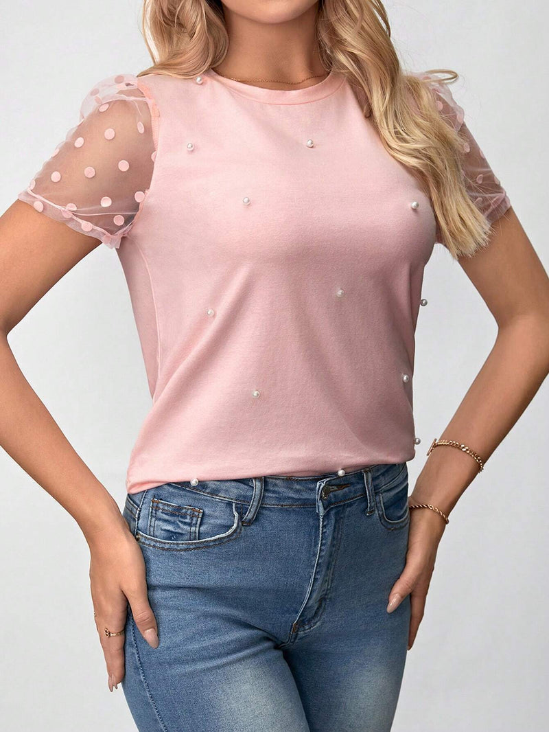 Clasi Camiseta De Malla De Manga Corta Con Cuentas Para Mujer