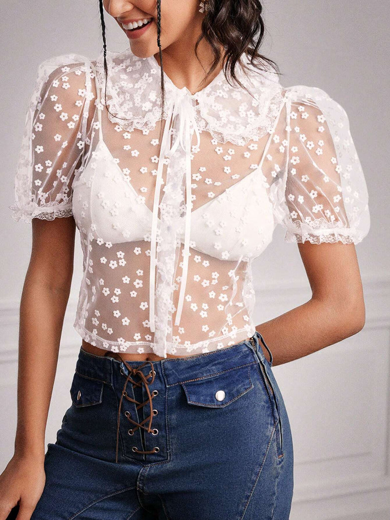 Blusa De Mangas Abullonadas Para Mujer Con Pequeno Estampado Floral Y Tela Transparente