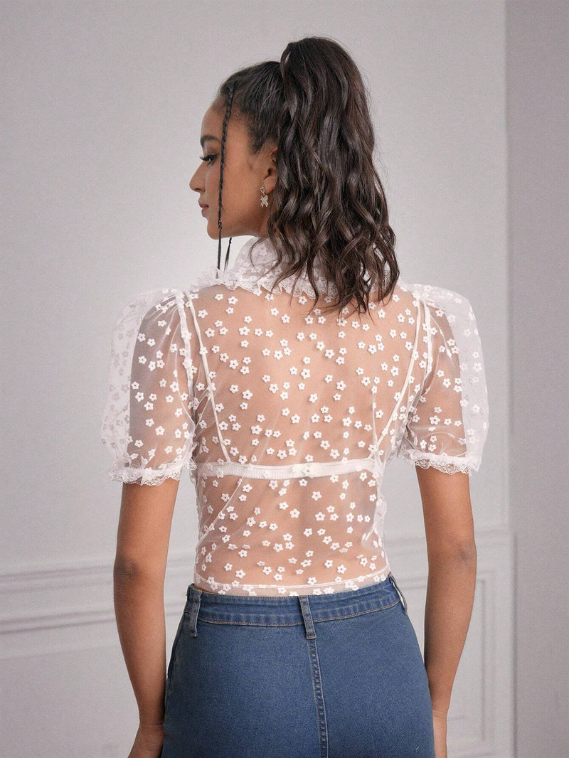 Blusa De Mangas Abullonadas Para Mujer Con Pequeno Estampado Floral Y Tela Transparente