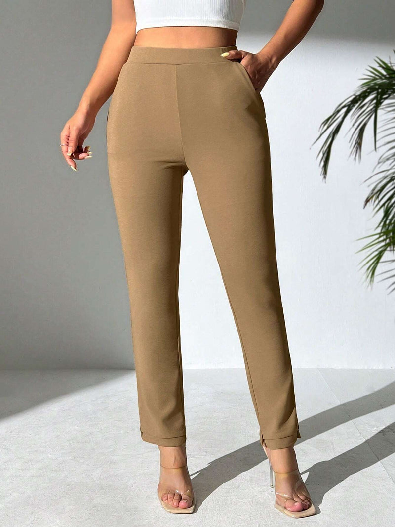 PETITE Pantalones De Bolsillo Oblicuos De Color Solido Para Mujeres