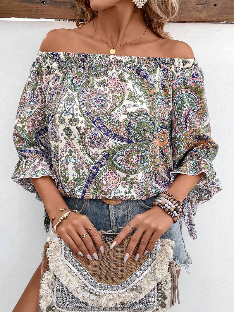 VCAY Top Corto Para Mujer Con Diseno De Paisley Impreso Y Hombros Descubiertos