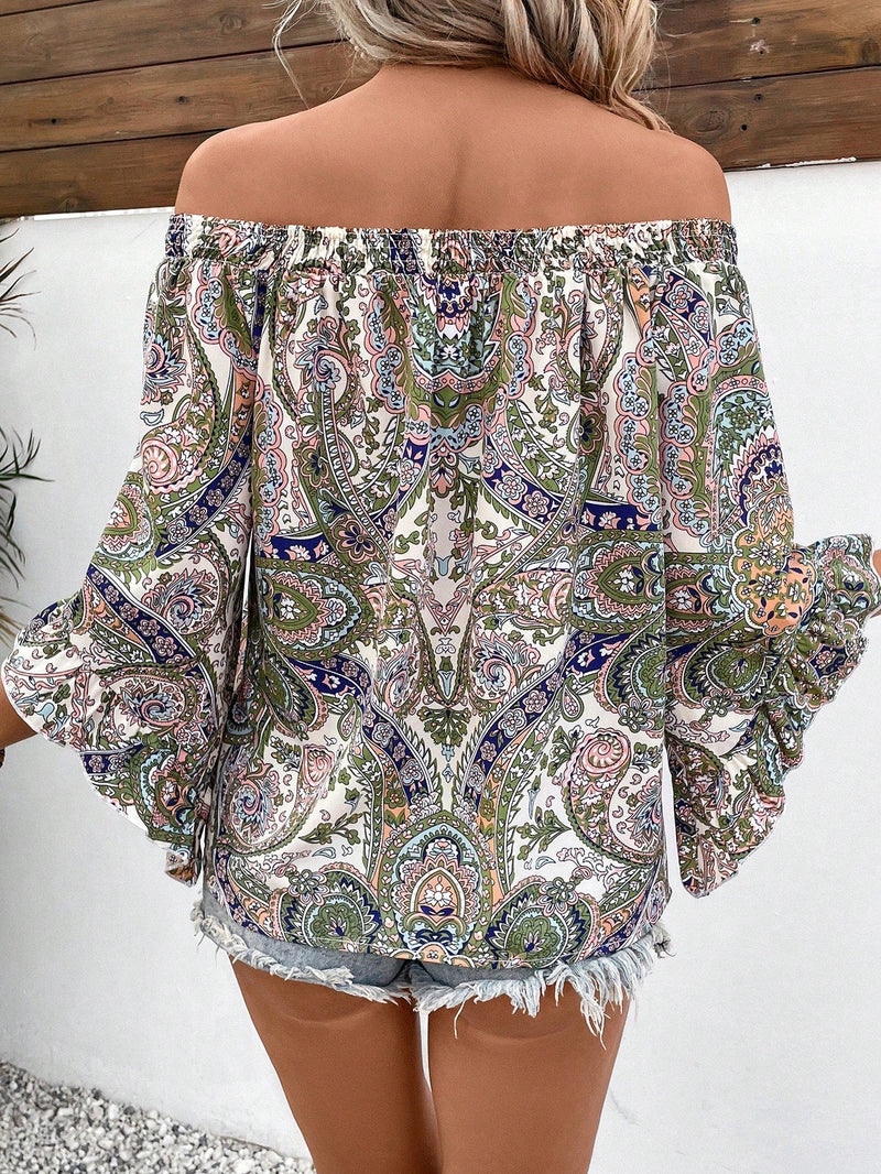 VCAY Top Corto Para Mujer Con Diseno De Paisley Impreso Y Hombros Descubiertos