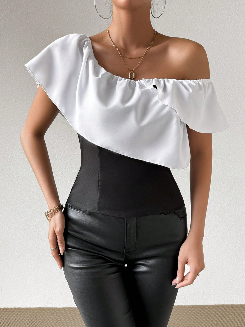 Prive Blusa Para Mujer Con Cuello Asimetrico, Adornada Con Volantes Y De Dos Tonos