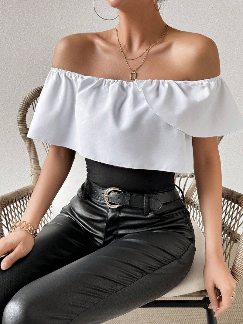 Prive Blusa Para Mujer Con Cuello Asimetrico, Adornada Con Volantes Y De Dos Tonos