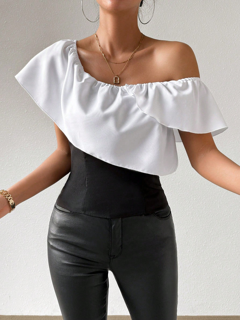 Prive Blusa Para Mujer Con Cuello Asimetrico, Adornada Con Volantes Y De Dos Tonos