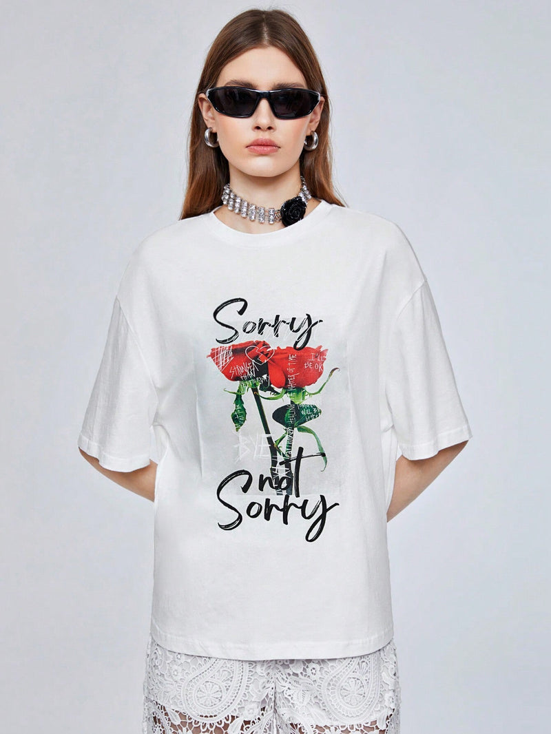 Neu Camiseta Blanca De Verano Para Mujer Con Impresion De Lema Y Flores, Manga Caida Del Hombro