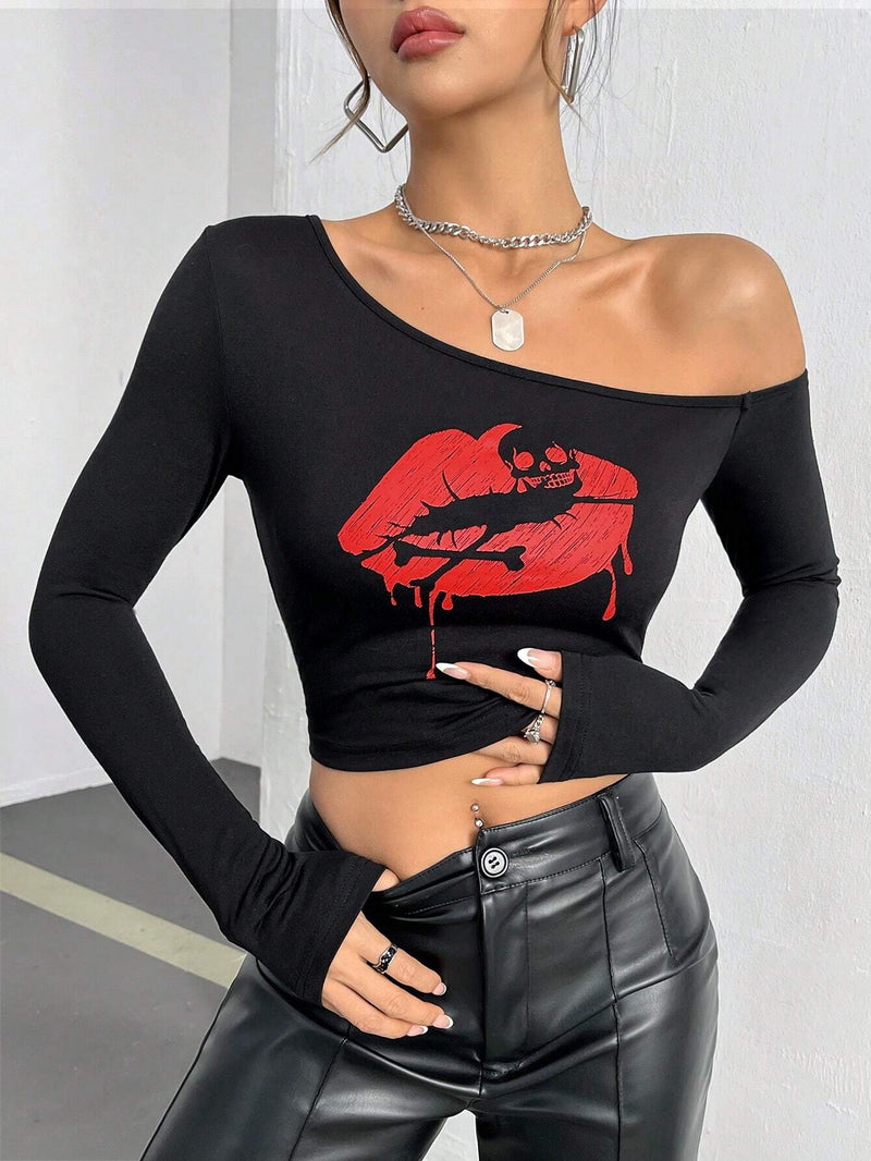 EZwear Camiseta De Tricot Holgada Con Patron De Labios Rojos Y Cabeza De Calavera Para El Dia De San Valentin