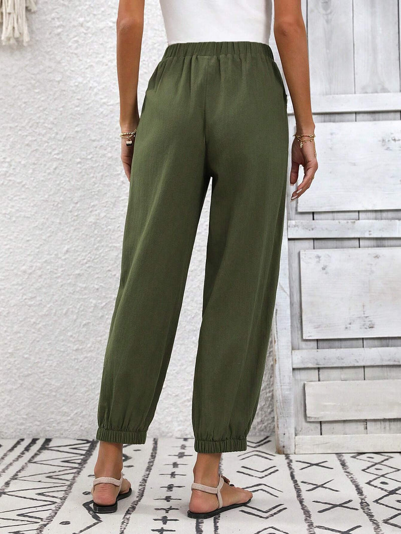 LUNE Pantalones De Mujer Solidos De Color Con Punos Elasticos Y Doble Bolsillo