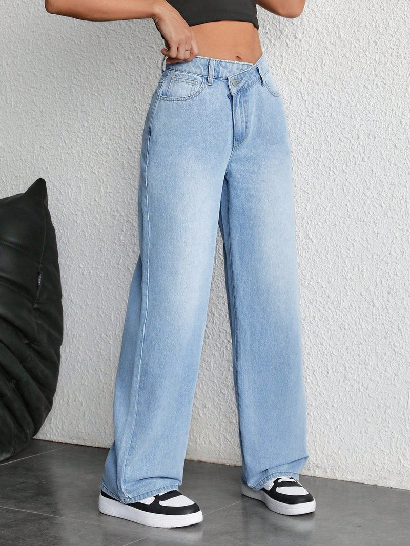 Essnce Jeans De Mujer De Moda 2024 Con Cintura Media, Rectos Con Piernas Sueltas, Cintura Superpuesta, Control De Abdomen Y Ligeros En Color Azul Claro