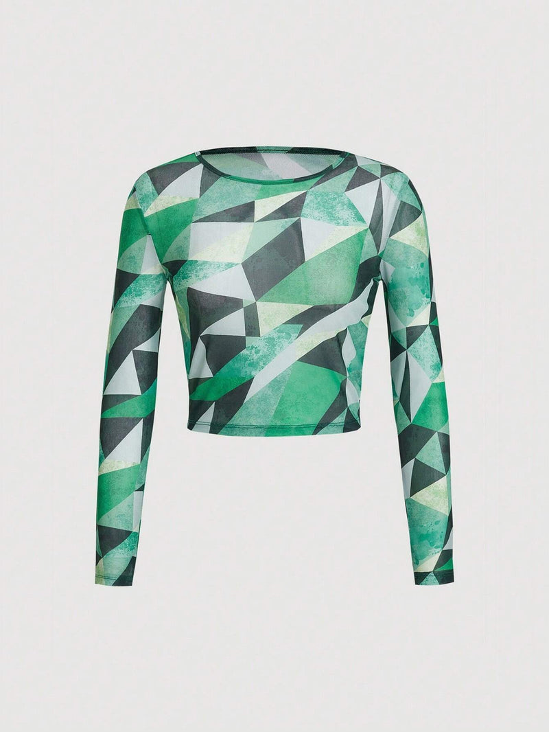 ICON Blusa De Manga Larga Con Estampado Geometrico Completo Para Mujeres