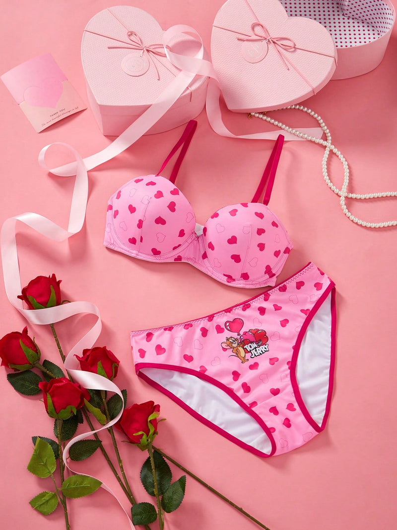 TOM & JERRY X  Conjunto de Brasier push-up y Tangas en forma de corazon rosado para mujer