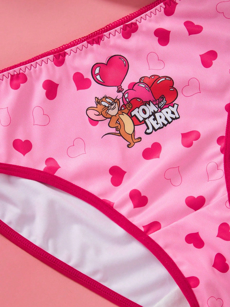 TOM & JERRY X  Conjunto de Brasier push-up y Tangas en forma de corazon rosado para mujer