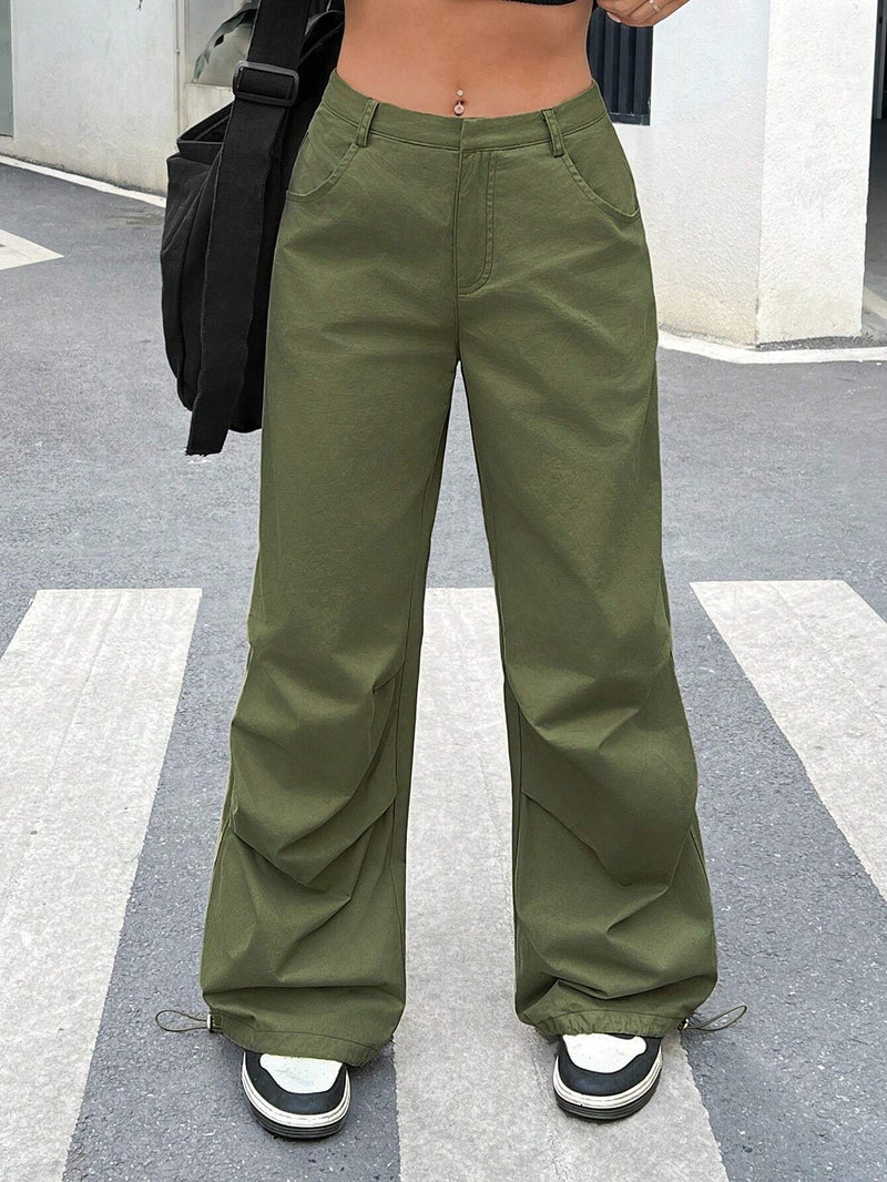 EZwear Pantalon Verde De Pierna Ancha Tejido Con Bolsillos Inclinados Y Un Estilo Relajado