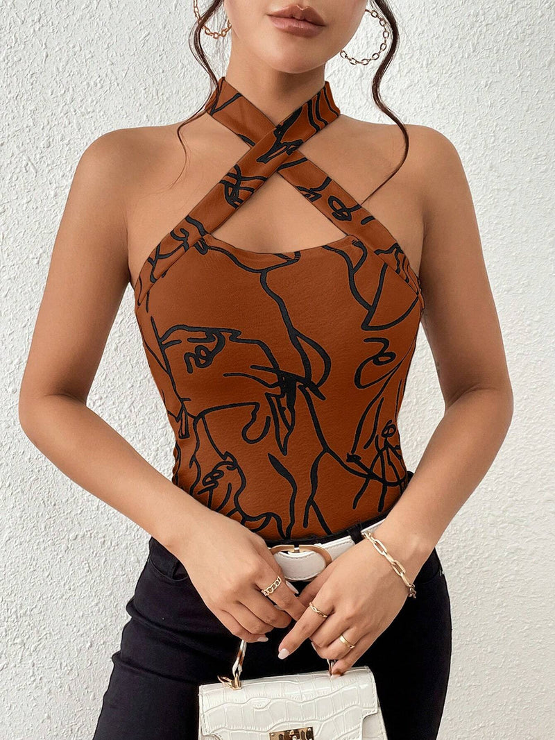 Prive Top De Cuello Halter Cruzado Con Estampado Para Mujeres