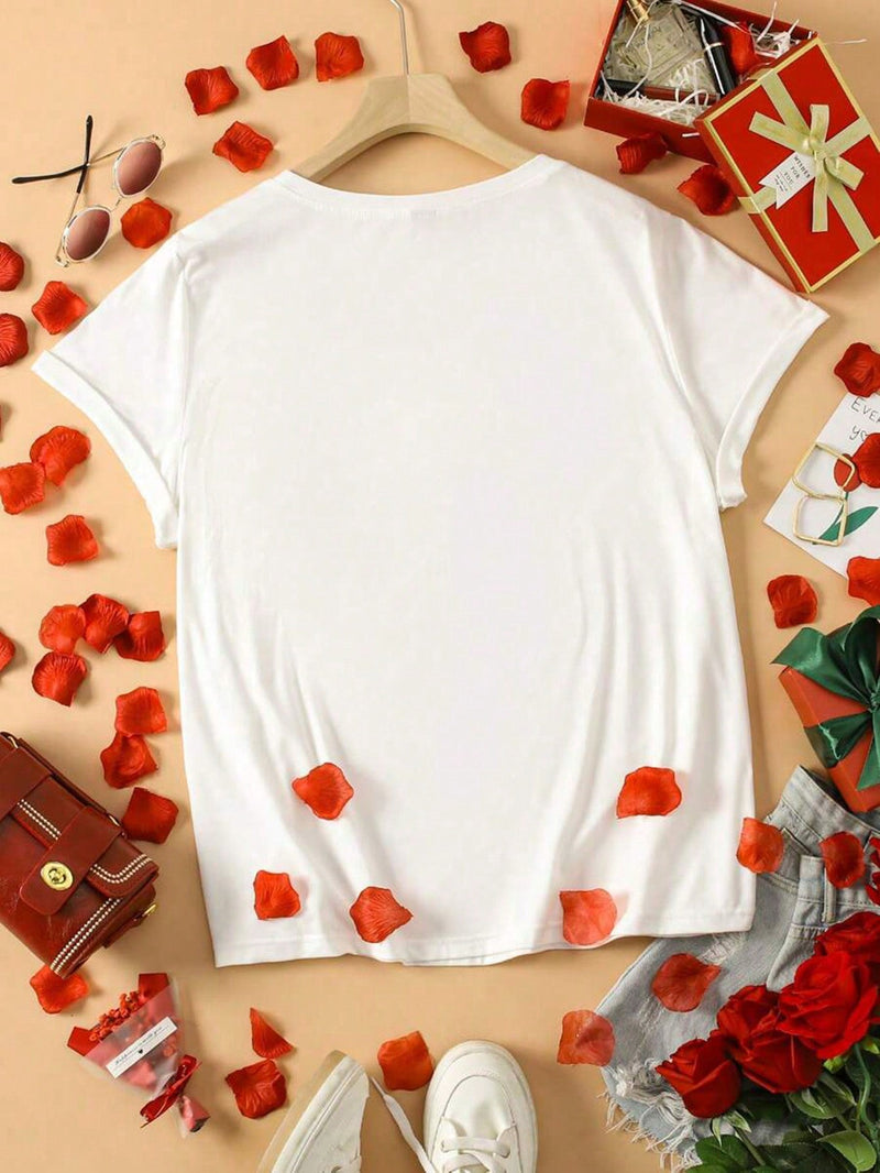 Camiseta Informal De Manga Corta Con Eslogan Tematico De Amor Del Dia De San Valentin Para Mujer Con Personajes De Dibujos Animados