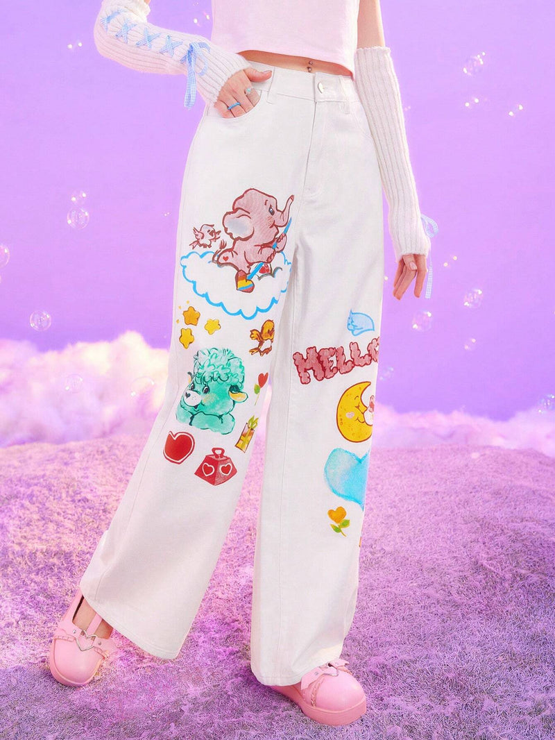 ROMWE X Care Bears Jeans De Pierna Ancha Con Estampado De Oso Caricatura