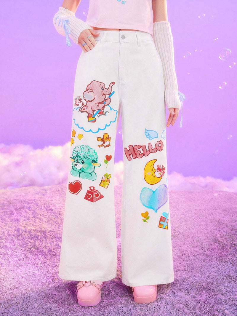 ROMWE X Care Bears Jeans De Pierna Ancha Con Estampado De Oso Caricatura