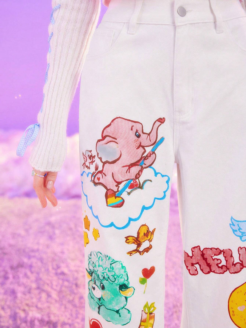 ROMWE X Care Bears Jeans De Pierna Ancha Con Estampado De Oso Caricatura