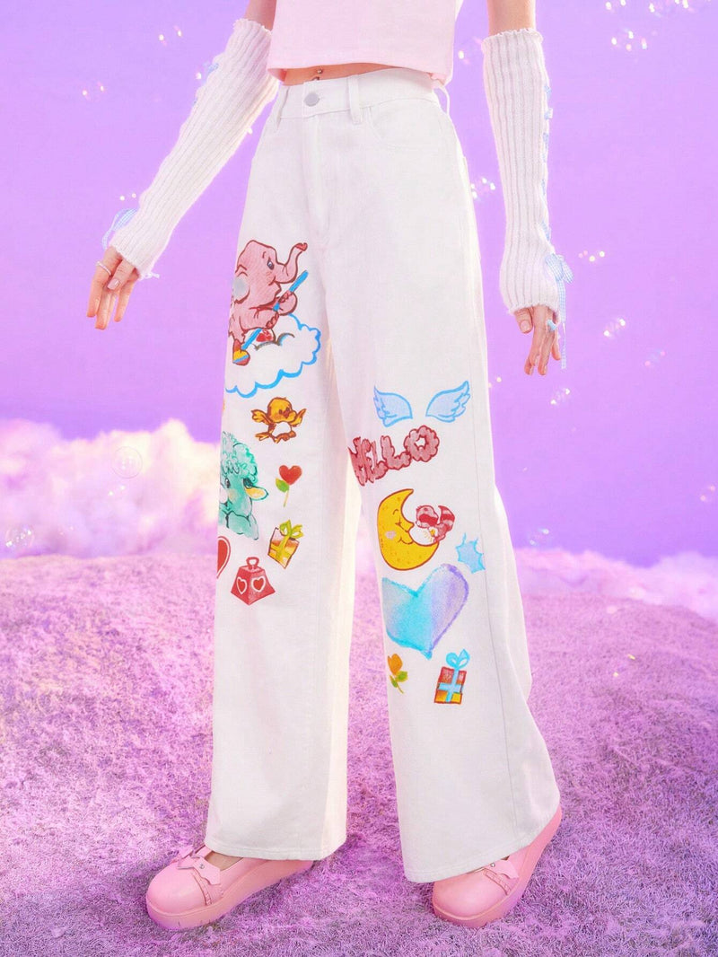 ROMWE X Care Bears Jeans De Pierna Ancha Con Estampado De Oso Caricatura