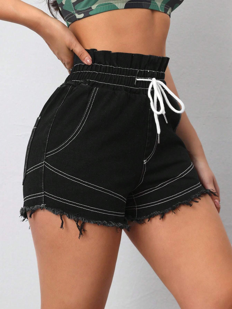 Prive Shorts De Mezclilla Para Mujer Con Costuras En Contraste Y Dobladillo Deshilachado