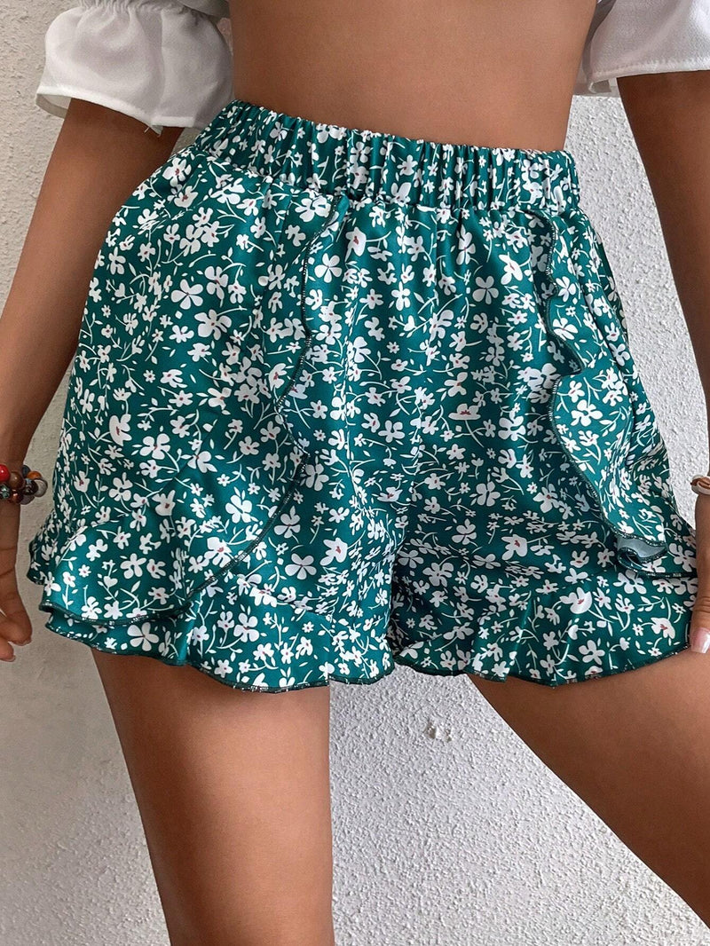 VCAY Pantalones Cortos Decorados Con Borde De Volante Y Estampado Floral Para Mujer