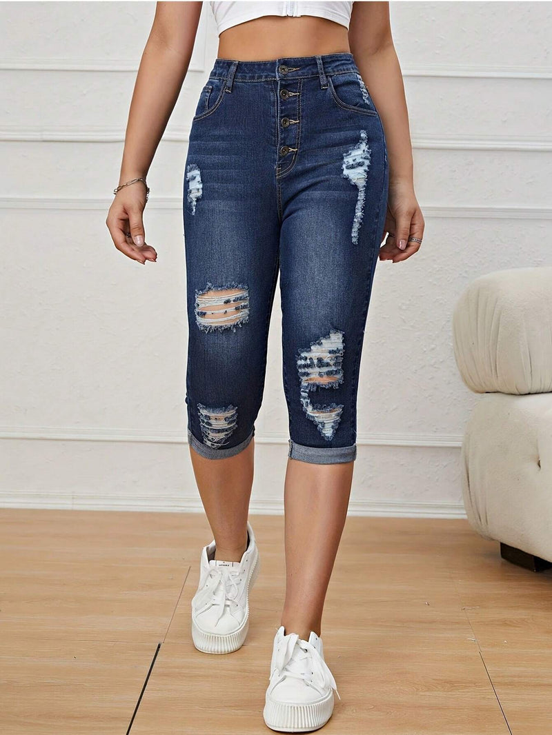 Jeans De Mezclilla Desgastados Para Mujer Ajustados Al Cuerpo