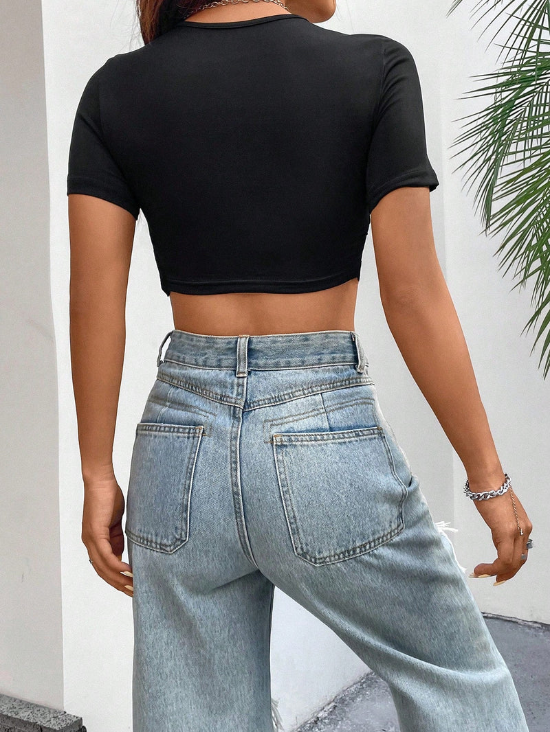 EZwear Crop Top Ajustado Con Impresion De Letra