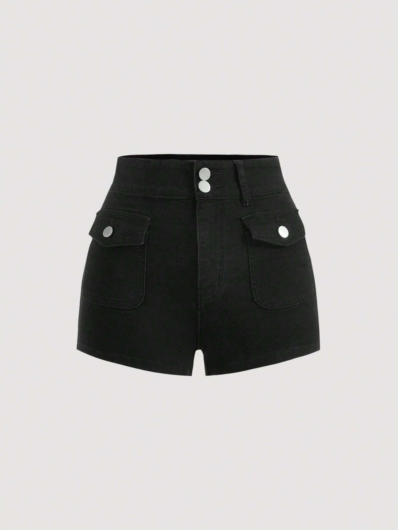 MOD Shorts De Mezclilla Con Cuello Vuelto Y Bolsillos Para Mujer De Color Solido