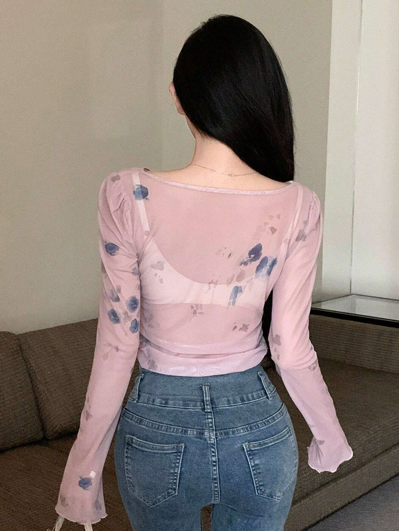 DAZY Top De Manga Larga Ajustada Con Cuello Con Volantes Y Estampado Floral