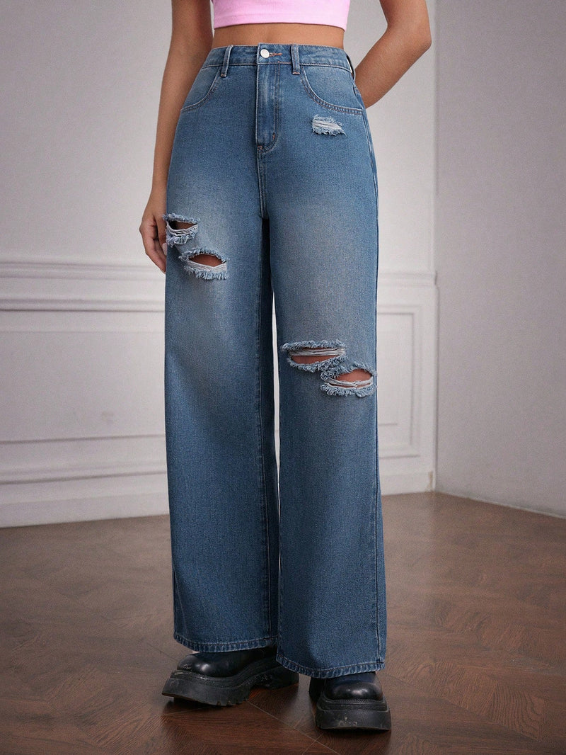 Forever 21 Pantalones Jeans Rectos Para Mujer Con Detalles Desgastados