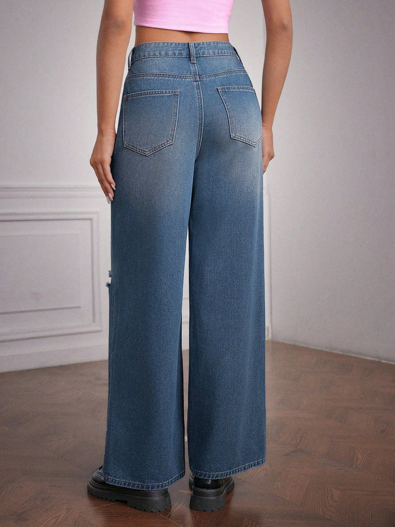 Forever 21 Pantalones Jeans Rectos Para Mujer Con Detalles Desgastados