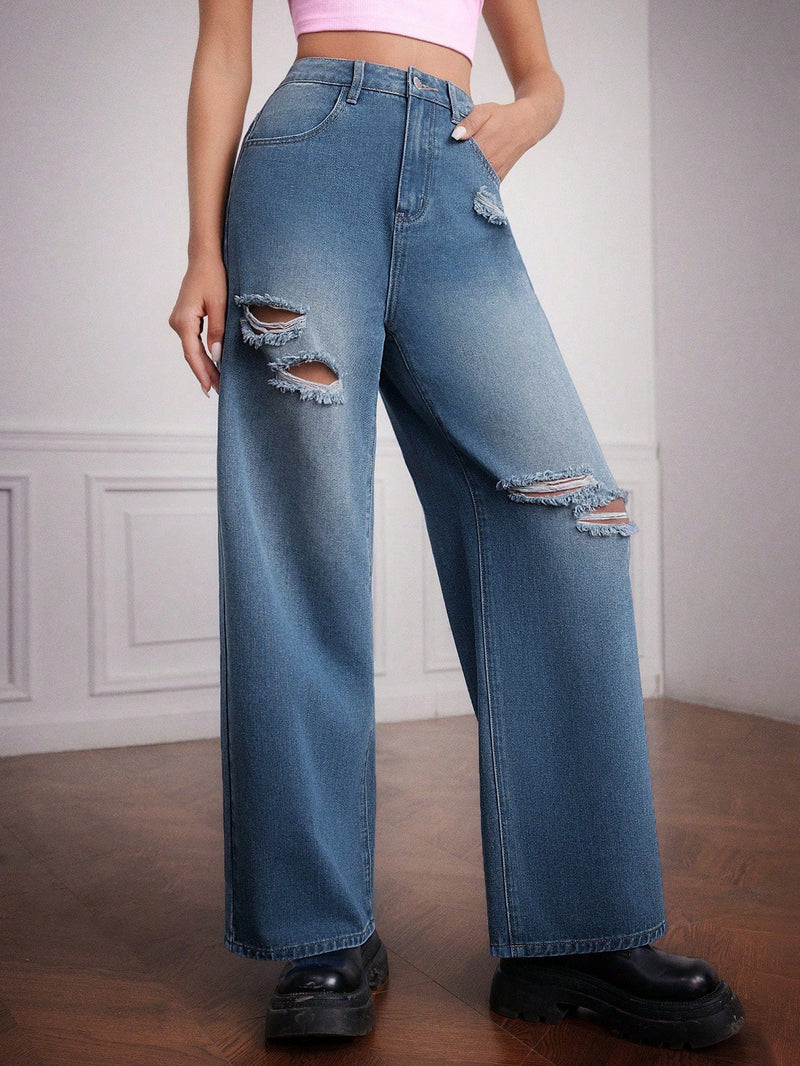 Forever 21 Pantalones Jeans Rectos Para Mujer Con Detalles Desgastados