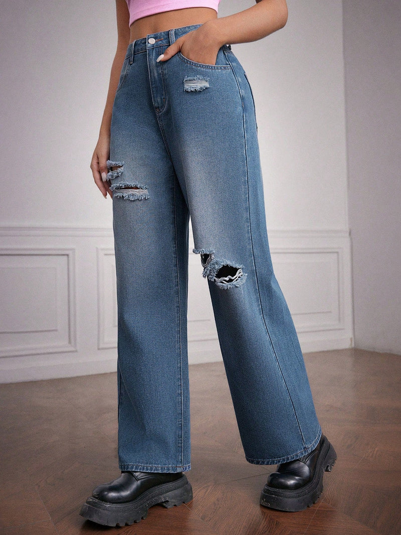 Forever 21 Pantalones Jeans Rectos Para Mujer Con Detalles Desgastados