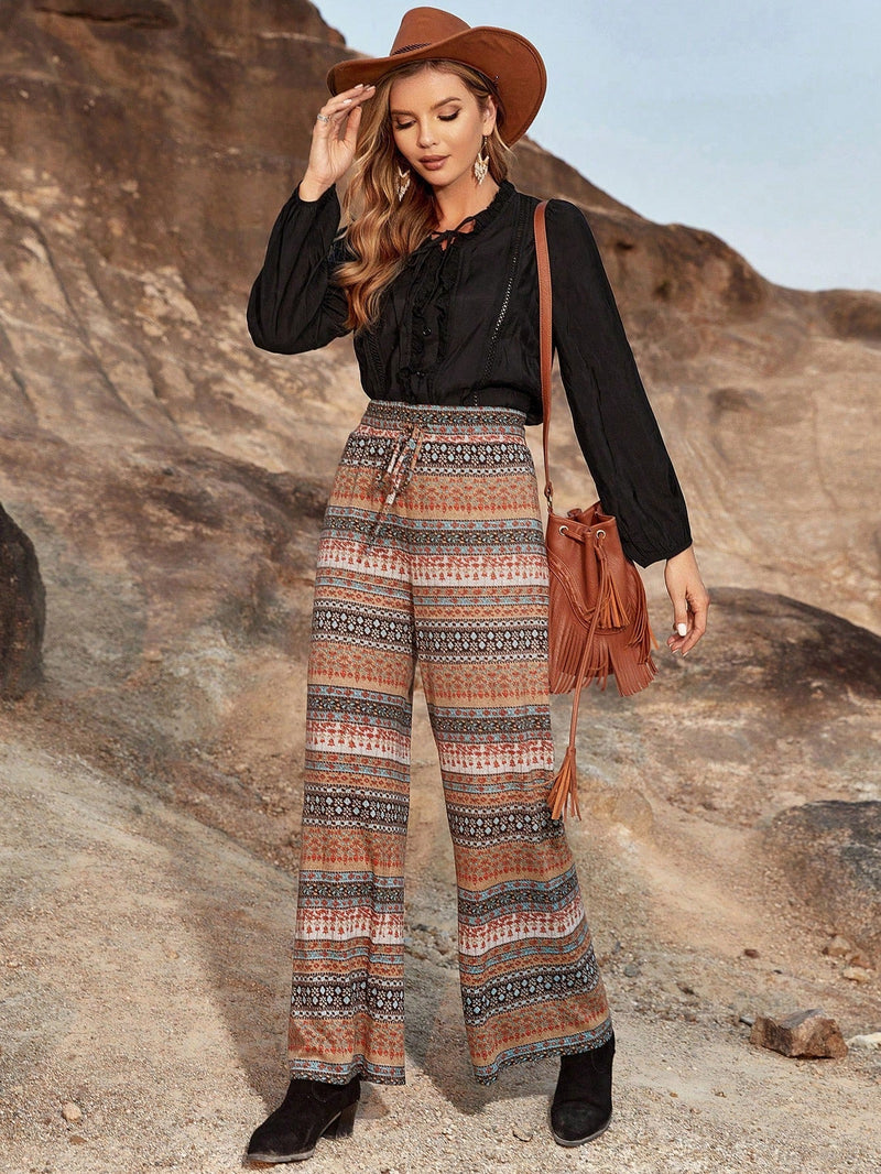 Pantalones Casuales Bohemios Impresos Con Cintura Atada Y Botones Frontales Para Otono E Invierno