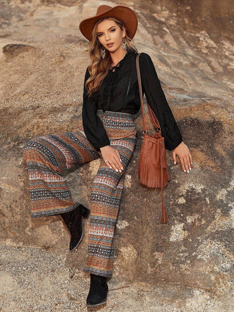 Pantalones Casuales Bohemios Impresos Con Cintura Atada Y Botones Frontales Para Otono E Invierno