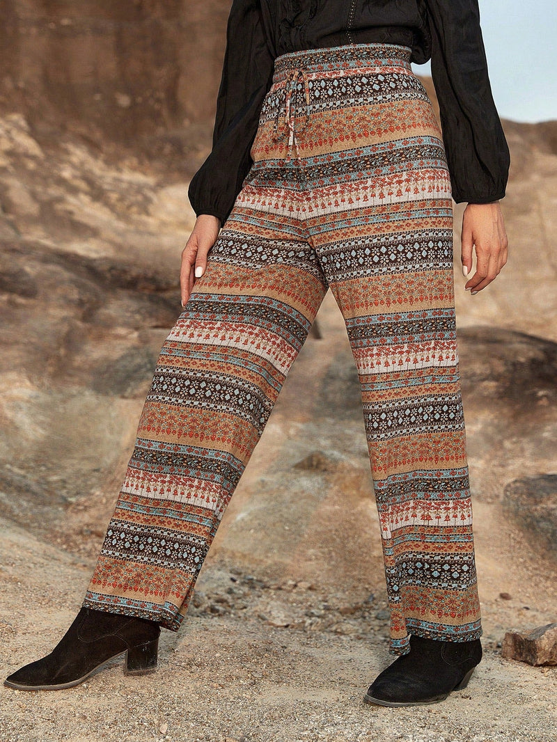 Pantalones Casuales Bohemios Impresos Con Cintura Atada Y Botones Frontales Para Otono E Invierno