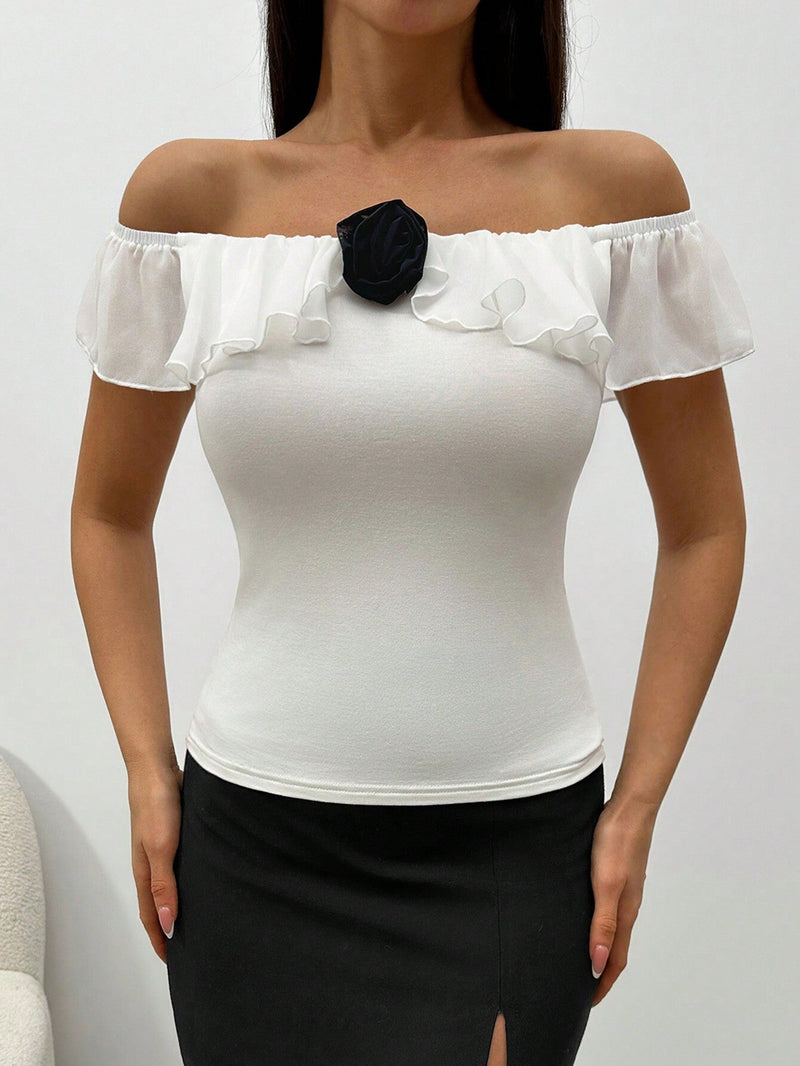 Frenchy Blusa Off-shoulder Para Mujer, Uso De Dos Formas, Top De Gasa Plisado Con Cuello Romantico Solido Adornado Con Flores 3d De Color Contrastante, Elastico, Ajuste Cenido, Versatil Y Elegante