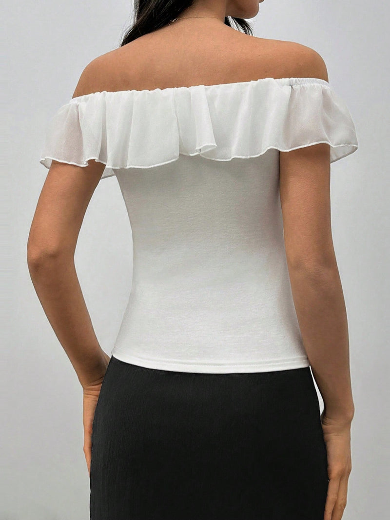 Frenchy Blusa Off-shoulder Para Mujer, Uso De Dos Formas, Top De Gasa Plisado Con Cuello Romantico Solido Adornado Con Flores 3d De Color Contrastante, Elastico, Ajuste Cenido, Versatil Y Elegante