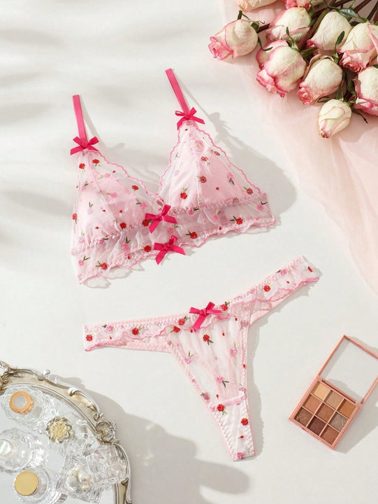 Conjunto De Lenceria Transparente De Malla Con Bordado Floral Para Mujeres