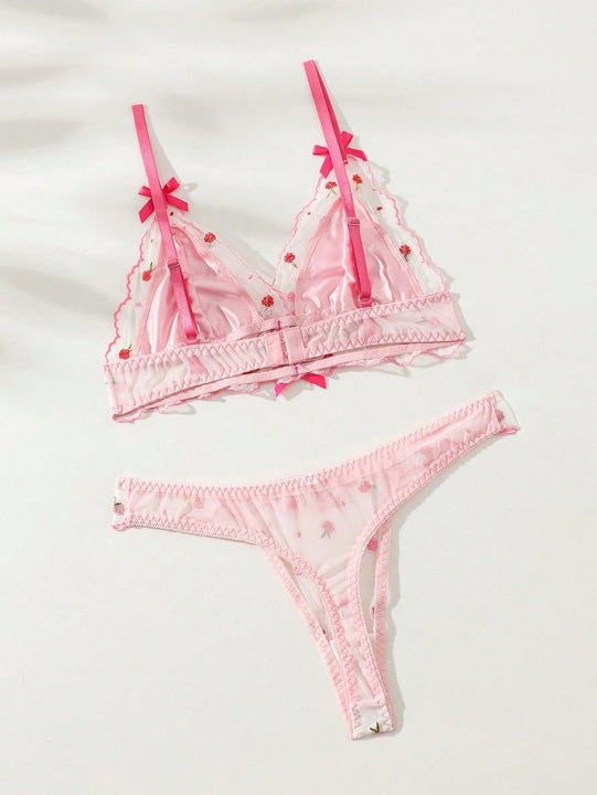 Conjunto De Lenceria Transparente De Malla Con Bordado Floral Para Mujeres