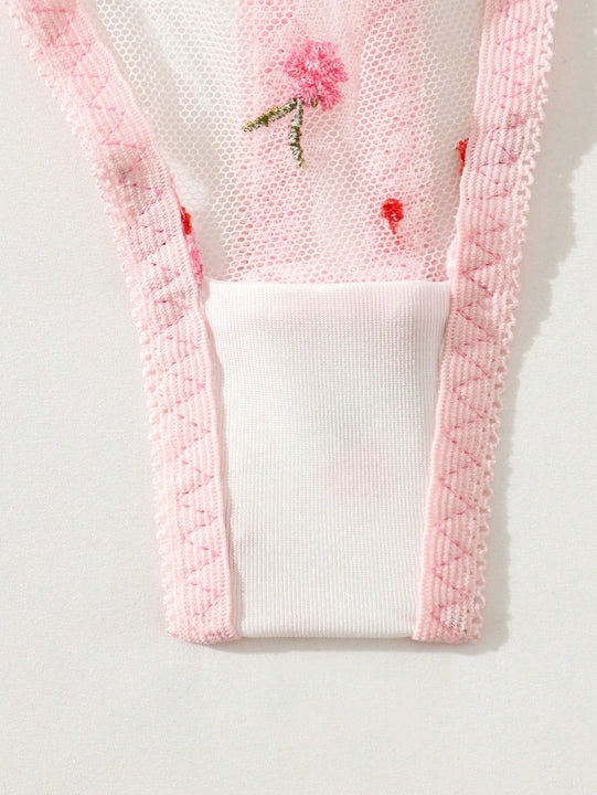 Conjunto De Lenceria Transparente De Malla Con Bordado Floral Para Mujeres