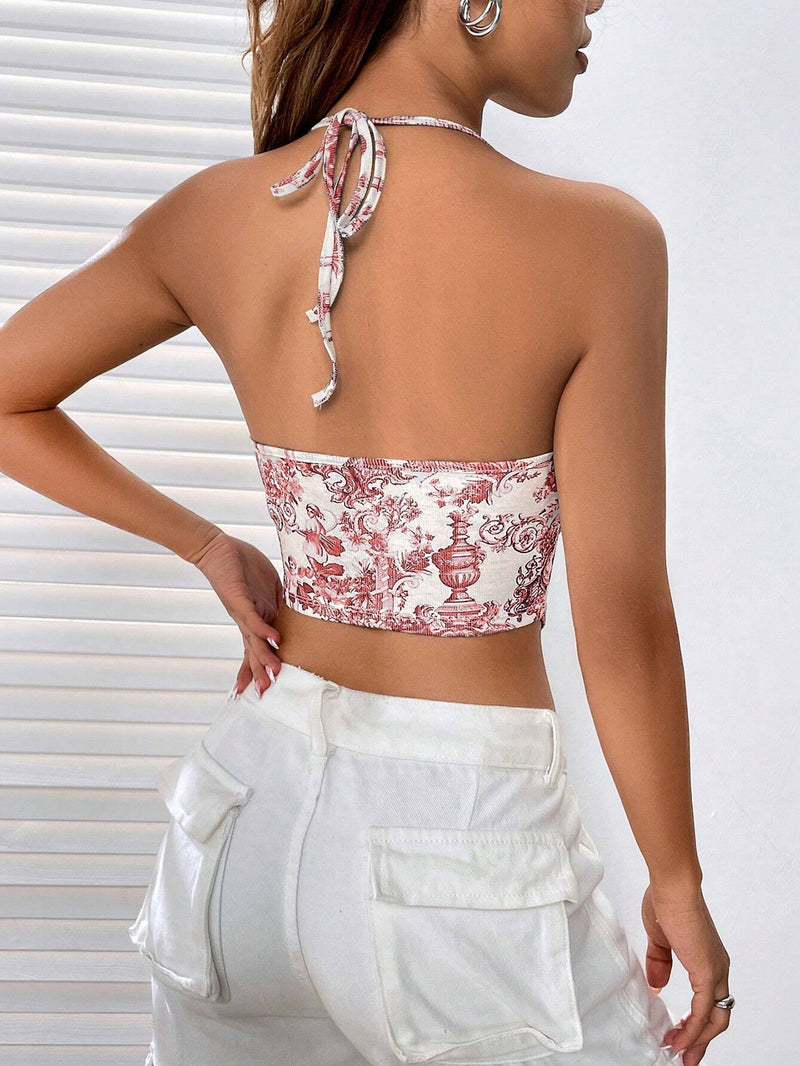 EZwear Top De Cuello Halter Con Dobladillo Asimetrico Y Diseno Estampado En Todo Su Exterior