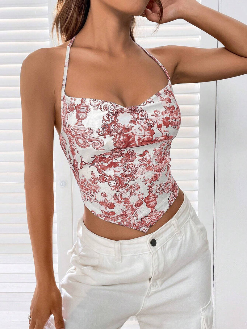 EZwear Top De Cuello Halter Con Dobladillo Asimetrico Y Diseno Estampado En Todo Su Exterior