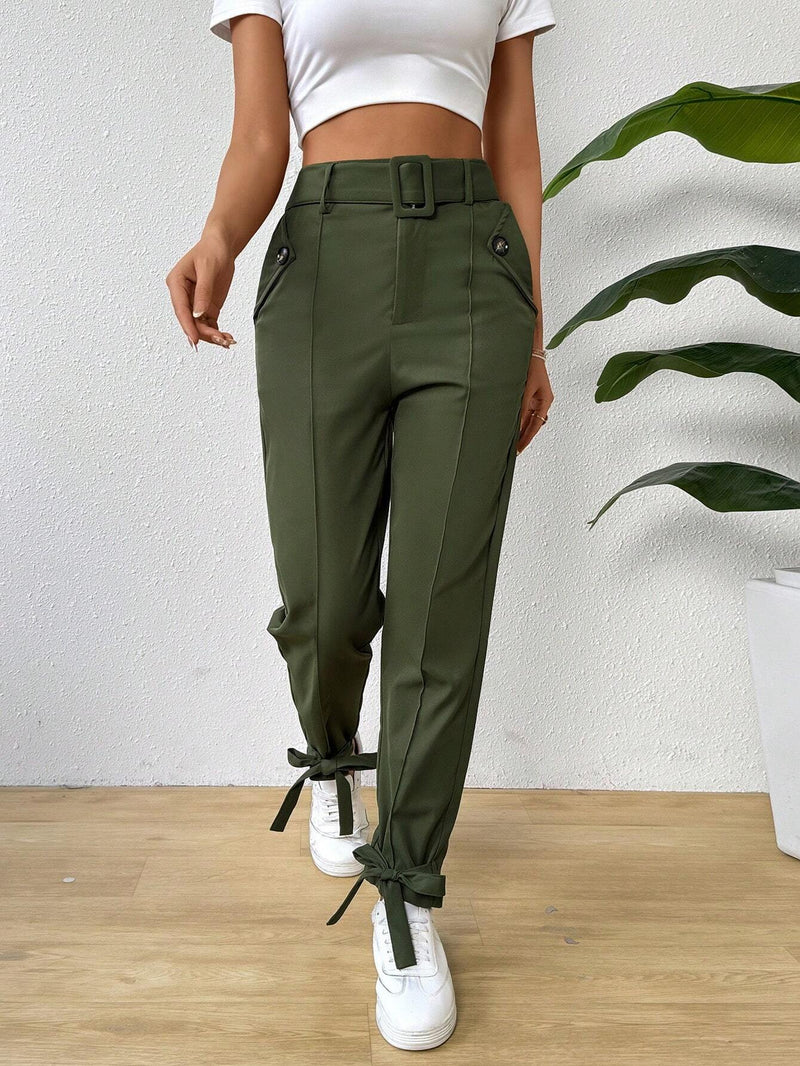 Essnce Pantalones De Color Solido Para Mujer Con Bolsillos