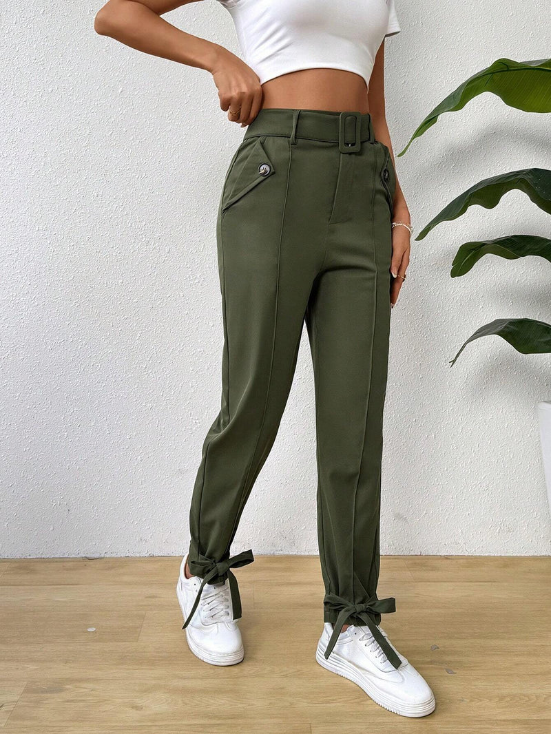 Essnce Pantalones De Color Solido Para Mujer Con Bolsillos